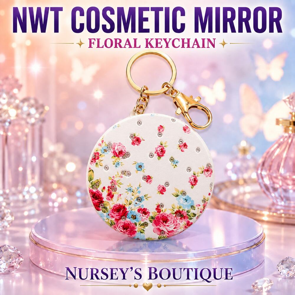 NWT Rose Floral Cosmetic Mirror Keychain Rhinestone Purse Bag Charm